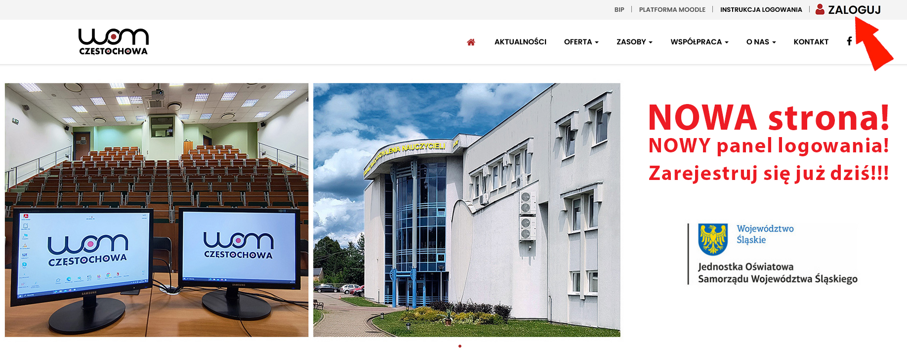 Dwa monitory z logo WOM. Budynek ośrodka. Zaproszenie do logowania